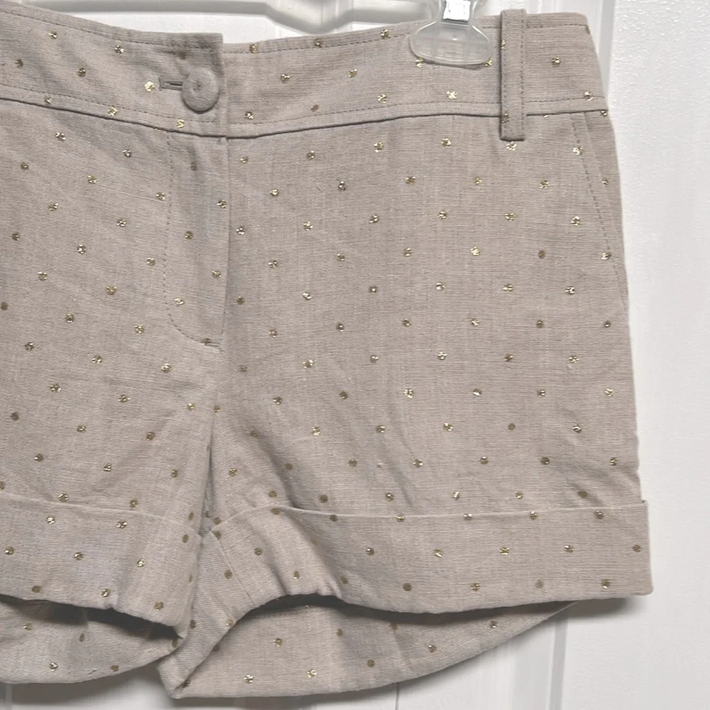 J Crew Beige Gold Sparkles 4 Pocket Mid Rise Cuff Linen Shorts Size 4 City Fit